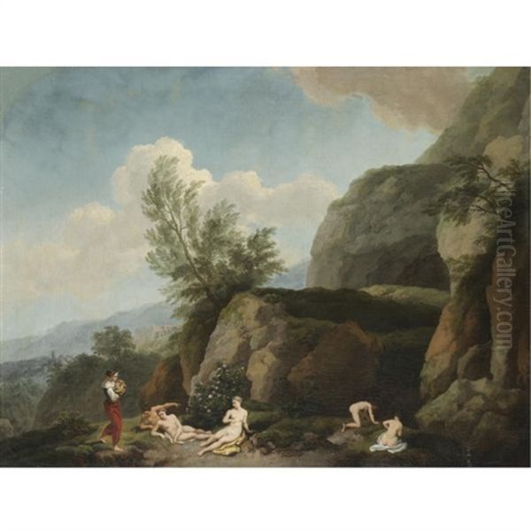 A Mountainous Landscape With Nymphs Bathing In The Foreground And A Woman Carrying A Child (the Finding Of Moses?) Oil Painting by Christian Wilhelm Ernst Dietrich