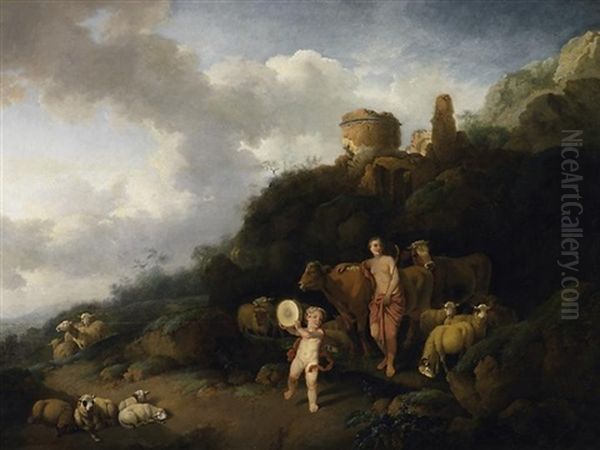 Arkadische Landschaft Mit Hirtin Bei Vieh Und Musizierendem Putto Oil Painting by Christian Wilhelm Ernst Dietrich