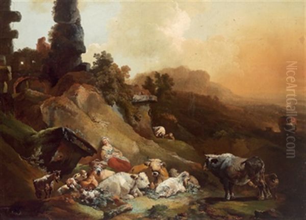 Schlummernde Hirtin Mit Ihrer Herde In Den Albaner Bergen Bei Rom Oil Painting by Christian Wilhelm Ernst Dietrich