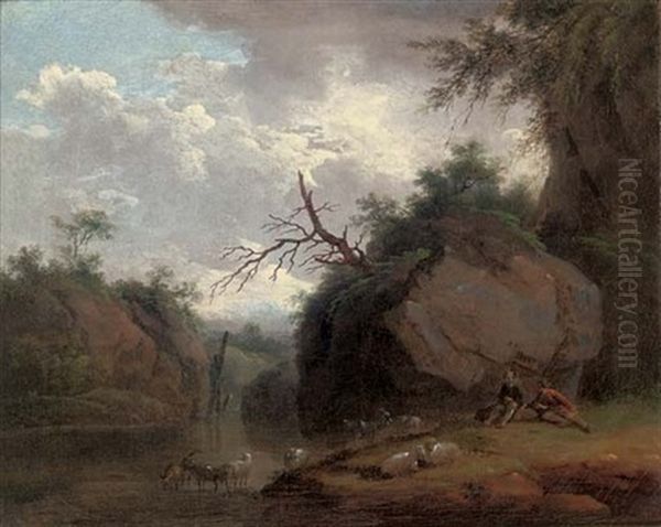 A Wooded River Landscape With Shepherds And Their Flock (+ A Wooded River Landscape With A Shepherdess; Pair) Oil Painting by Christian Wilhelm Ernst Dietrich