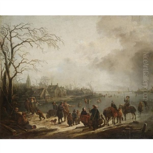 A Winter Landscape With A Sledge And Numerous Figures On A Frozen River, A Village Beyond Oil Painting by Christian Wilhelm Ernst Dietrich