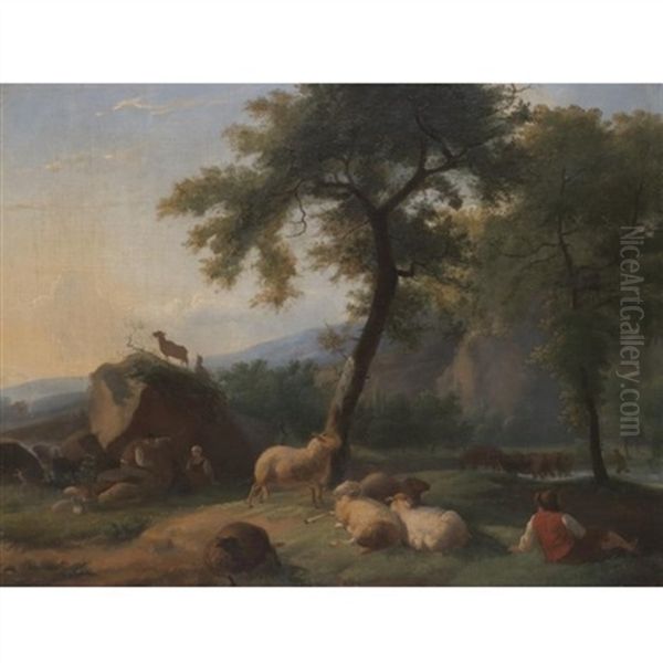 A Pastoral Landscape With A Shepherd Resting With His Flock, And A Herder Watering His Cattle In A River Beyond Oil Painting by Christian Wilhelm Ernst Dietrich