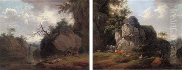 A Wooded River Landscape With Shepherds And Their Flock (+ A Wooded River Landscape With A Shepherdess, Her Flock; Pair) by Christian Wilhelm Ernst Dietrich