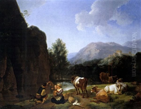 Bauernfamilie Mit Kuhen An Gewasser by Christian Wilhelm Ernst Dietrich