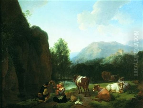 Une Famille De Bergers Et Leur Troupeau Se Reposant Pres D'une Riviere by Christian Wilhelm Ernst Dietrich