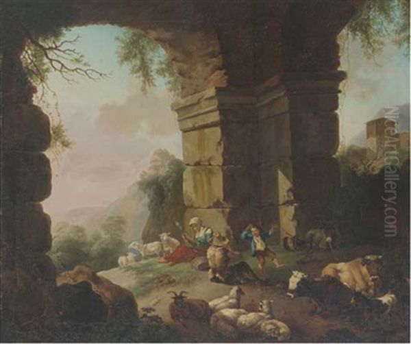 An Italianate Landscape With A Girl Weaving, A Shepherd Playing Pipes And A Little Boy Dancing Amongst Ruins Oil Painting by Christian Wilhelm Ernst Dietrich