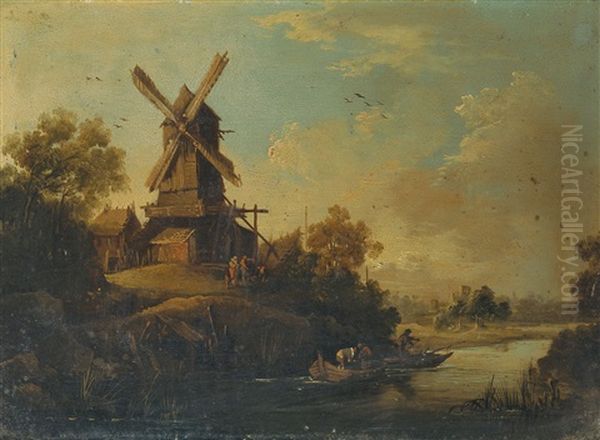 Flusslandschaft Mit Windmuhle Oil Painting by Christian Wilhelm Ernst Dietrich