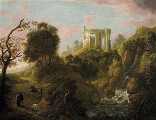 Blick Auf Tivoli Mit Dem Tempel Der Sybille Oder Der Vesta, Einem Wasserfall Und Reisenden Oil Painting by Christian Wilhelm Ernst Dietrich