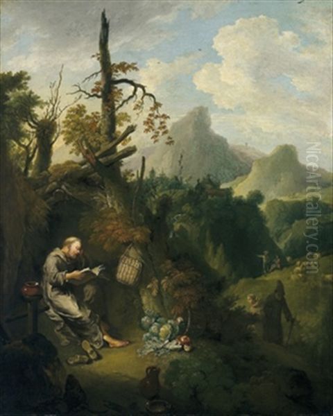 Ein Einsiedler In Einer Bewaldeten Gebirgslandschaft Oil Painting by Christian Wilhelm Ernst Dietrich