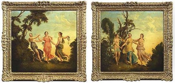 Drei Tanzende Nymphen Mit Blumengirlanden In Einer Waldlandschaft (+ Drei Reigen Tanzende Nymphen; Pair) Oil Painting by Christian Wilhelm Ernst Dietrich