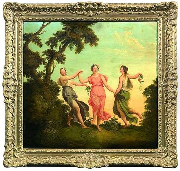 Drei Tanzende Nymphen Mit Blumengirlanden In Einer Waldlandschaft (+ Drei Reigen Tanzende Nymphen; Pair) Oil Painting by Christian Wilhelm Ernst Dietrich