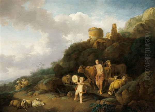 Schaferszene, Eine Hirtin Und Ein Putto Mit Tamburin In Einer Gebirgigen Landschaft Mit Einer Turmruine Oil Painting by Christian Wilhelm Ernst Dietrich