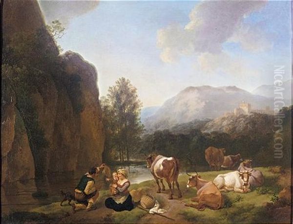 An Italianate Mountainous Landscape With A Shepherds' Family With Their Herd And A Dog Resting Near A Stream Oil Painting by Christian Wilhelm Ernst Dietrich