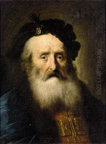 Portrait Of An Elderly Gentleman Wearing A Blue Fur Lined Cloak, A Gold Embroidered Red Jacket And A Black Hat Oil Painting by Christian Wilhelm Ernst Dietrich