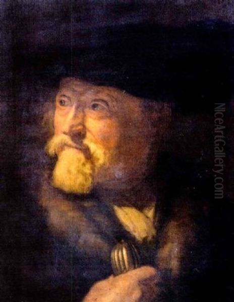 Portrait Of An Elderly Man In A Cap And A Fur Trimmed Coat, Holding A Cane Oil Painting by Christian Wilhelm Ernst Dietrich