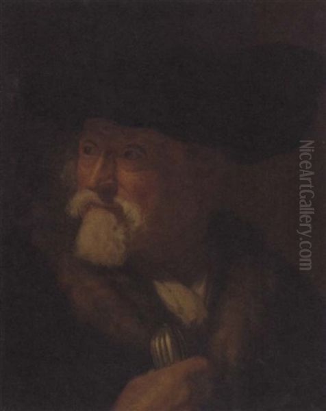 Head Of An Elderly Man In A Fur Trimmed Coat And A Cap, Holding A Purse Oil Painting by Christian Wilhelm Ernst Dietrich