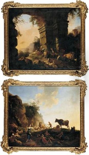 An Italianate Landscape With A Girl Weaving, A Shepherd Playing Pipes And A Little Boy Dancing Amongst Ruins Oil Painting by Christian Wilhelm Ernst Dietrich