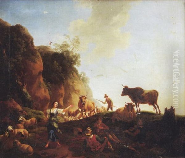 Sudliche Landschaft Mit Hirten Und Ihrem Vieh Oil Painting by Christian Wilhelm Ernst Dietrich