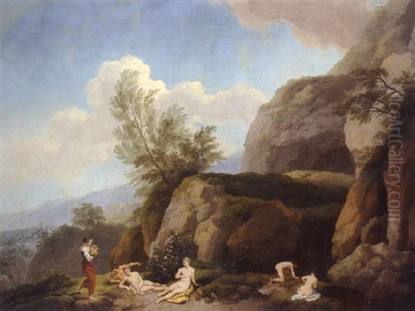 Badende Nymphen In Einer Sudlichen Gebirgslandschaft Oil Painting by Christian Wilhelm Ernst Dietrich