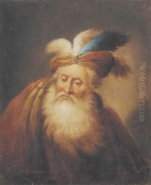 Portrait Of An Old Man With A Beard, Wearing A Turban And A Red Mantle Oil Painting by Christian Wilhelm Ernst Dietrich