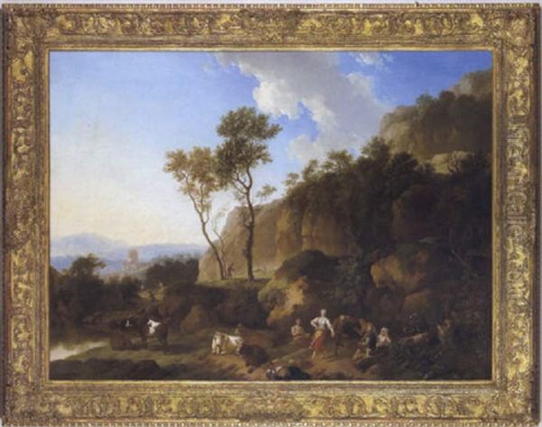 Tanzende Hirten In Einer Sudlichen Landschaft Oil Painting by Christian Wilhelm Ernst Dietrich