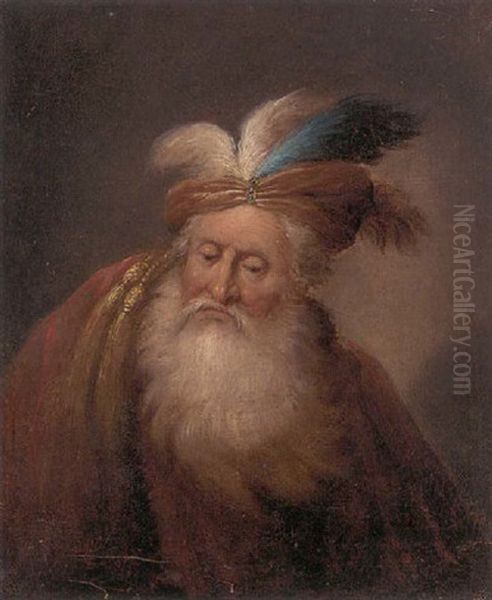 Portrait Of An Old Man With A Beard, Wearing A Turban And A Red Mantle Oil Painting by Christian Wilhelm Ernst Dietrich