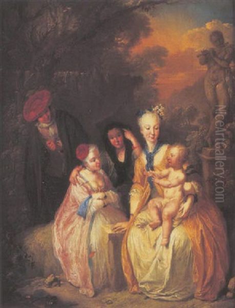 An Elegant Family Seated In A Parkland Landscape With Thier Son Personifying Cupid, A Sculpture Of Orpheus Nearby Oil Painting by Christian Wilhelm Ernst Dietrich