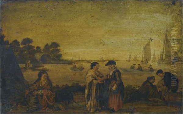 A River Landscape With Women Exchanging Money In Theforeground Oil Painting by Arentsz van der Cabel