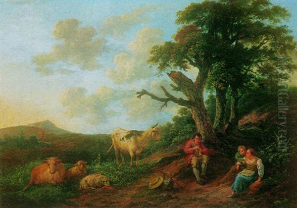 A Pastoral Scene With Sheep, Cows And Peasants Resting In The Foreground Oil Painting by Christian Wilhelm Ernst Dietrich