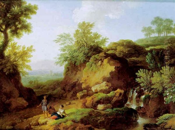 Italienische Landschaft Mit Rastenden Bei Einem Wasserfall Oil Painting by Christian Wilhelm Ernst Dietrich