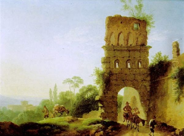 Reiter Auf Maultieren Bei Ruinen In Einer Italienischen Landschaft by Christian Wilhelm Ernst Dietrich