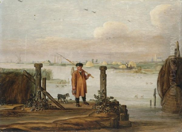 An Extensive River Landscape With A Fisherman Oil Painting by Arentsz van der Cabel