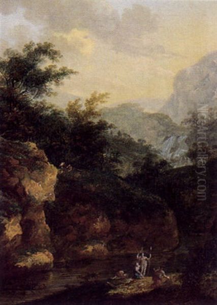 Gebirgslandschaft Mit Einem Flus Und Diana Mit Ihren Gespielinnen by Christian Wilhelm Ernst Dietrich