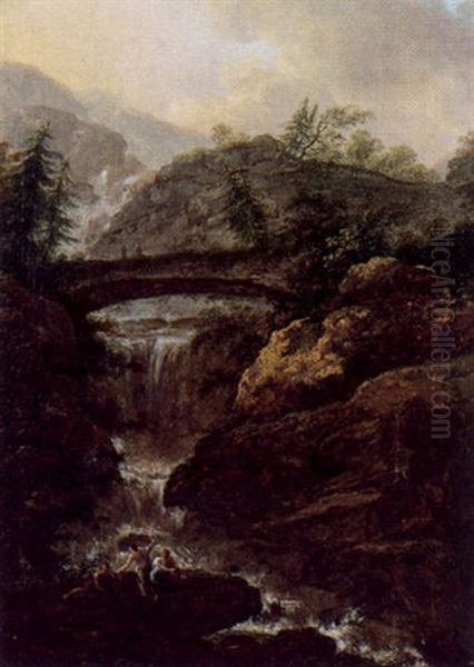 Gebirgslandschaft Mit Wasserfall, Einer Steinernen Bogenbrucke Und Figuren Oil Painting by Christian Wilhelm Ernst Dietrich