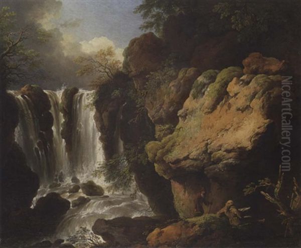 Two Hermits By A Waterfall In A Rocky Landscape by Christian Wilhelm Ernst Dietrich