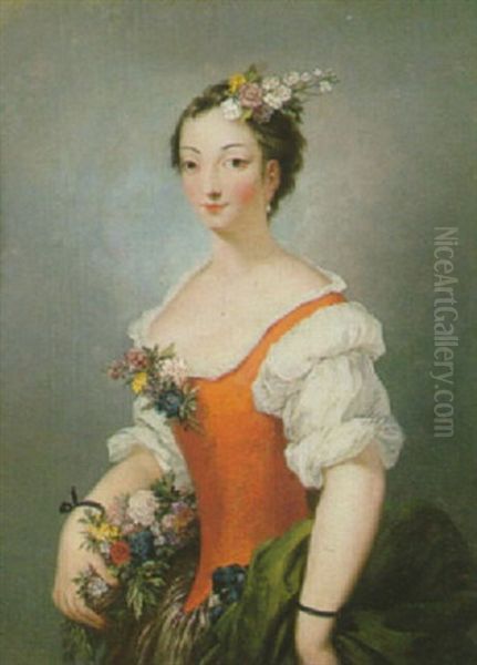 Portrait De Jeune Femme Paree De Fleurs Oil Painting by Christian Wilhelm Ernst Dietrich