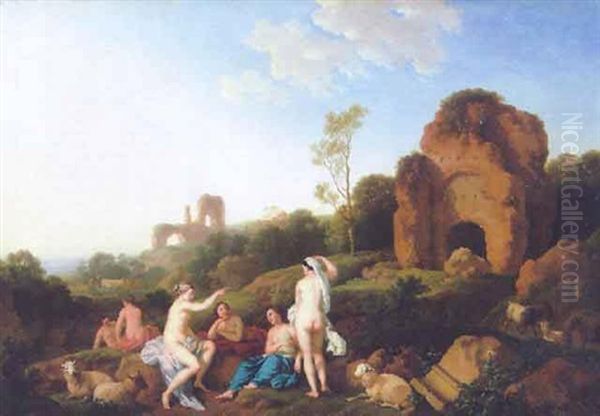 Arkadische Landschaft Mit Jungen Frauen, Die Soeben Vom Bade Im Nahegelegenen Flus Zuruckgekehrt Sind Oil Painting by Christian Wilhelm Ernst Dietrich