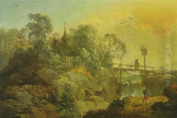 Landschaft Mit Einem Holzsteg Uber Einen  Wasserfall Und Mit Einer Kirche Auf Der Felskuppe Links Oil Painting by Christian Wilhelm Ernst Dietrich