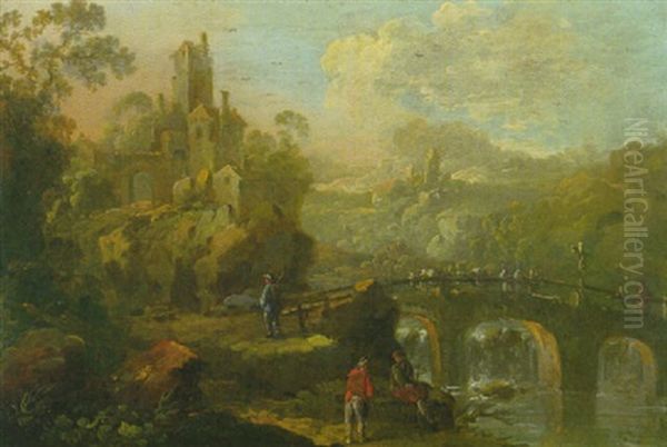 Fluslandschaft Mit Einer Bogenbrucke Uber Den Wasserfall Und Mit Einer Burg Links Oil Painting by Christian Wilhelm Ernst Dietrich