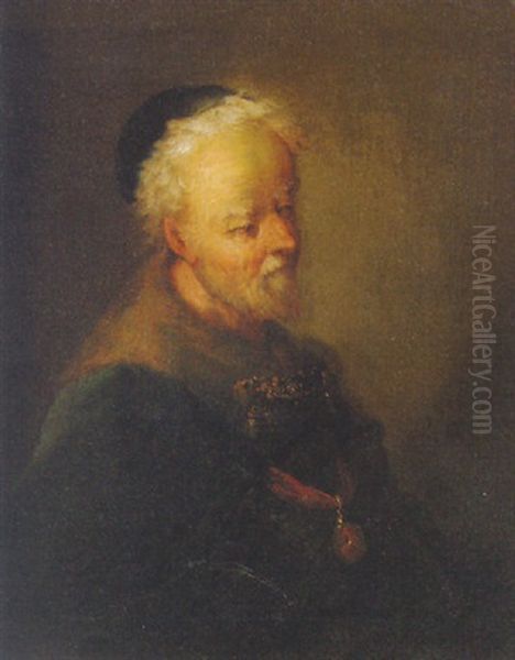 Portrait Of An Old Man In A Fur-lined Coat Wearing A Medal by Christian Wilhelm Ernst Dietrich