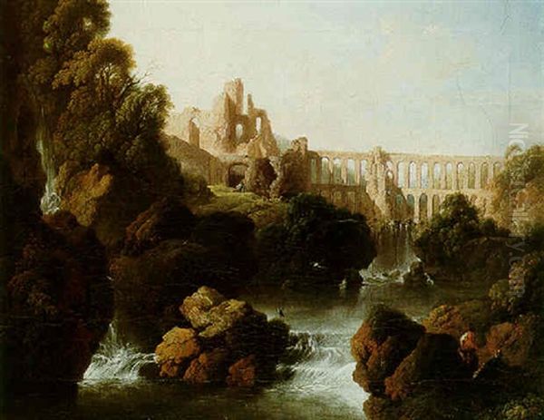 An Italianate River Landscape With Ruins, An Aqueduct And Waterfalls Oil Painting by Christian Wilhelm Ernst Dietrich