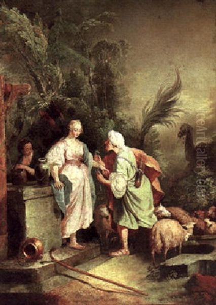 Rebecca And Eliezer At The Well Oil Painting by Christian Wilhelm Ernst Dietrich