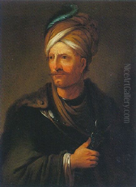 Portrait Of An Ottoman Gentleman Wearing A Feathered Turban And Holding A Scimitar Oil Painting by Christian Wilhelm Ernst Dietrich