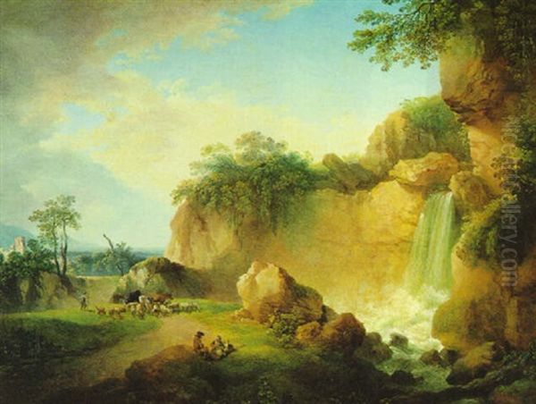 Gebirgige Landschaft Mit Einem Wasserfall Und Hirten Oil Painting by Christian Wilhelm Ernst Dietrich