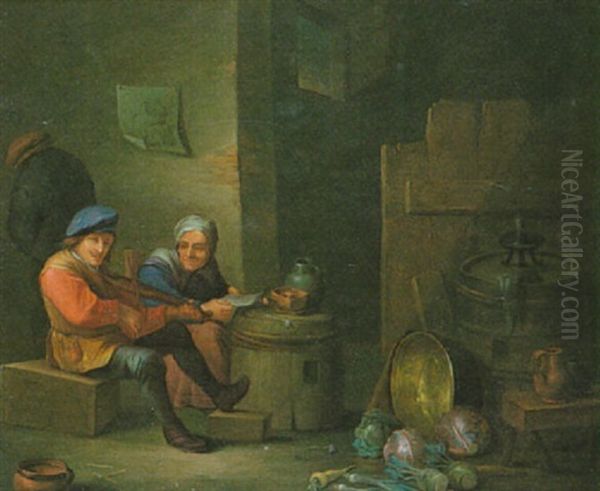 Interieur De Cuisine Avec Musicien Oil Painting by Christian Wilhelm Ernst Dietrich