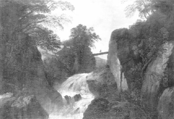 Paysage Boise A La Cascade Avec Un Pont De Bois by Christian Wilhelm Ernst Dietrich