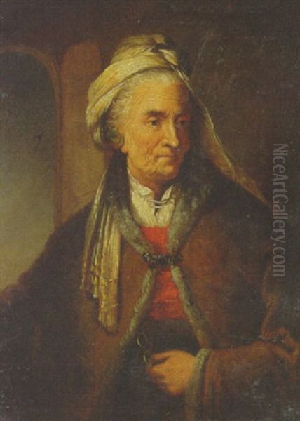 Portrait Of A Woman, In Fur-lined Coat And A Headscarf, Holding Pair Of Spectacles Oil Painting by Christian Wilhelm Ernst Dietrich