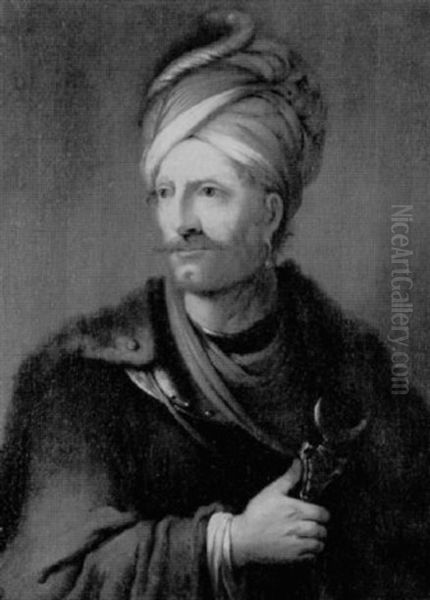 Portrait Of A Man In Turkish Costume Holding A Scabbard Adorned With A Crescent Oil Painting by Christian Wilhelm Ernst Dietrich