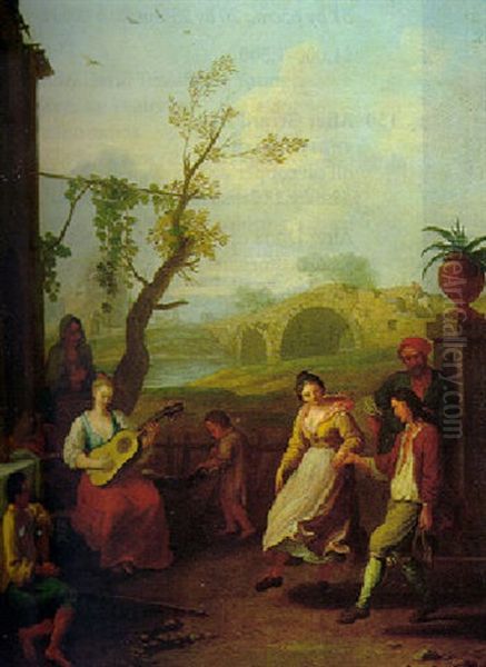 Peasants Dancing And Making Music In A Landscape Oil Painting by Christian Wilhelm Ernst Dietrich