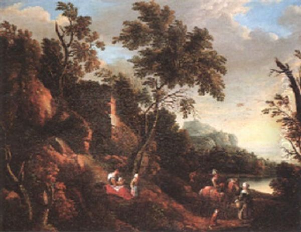 Wooded Rocky Landscape By The Shore Of A Lake Oil Painting by Christian Wilhelm Ernst Dietrich